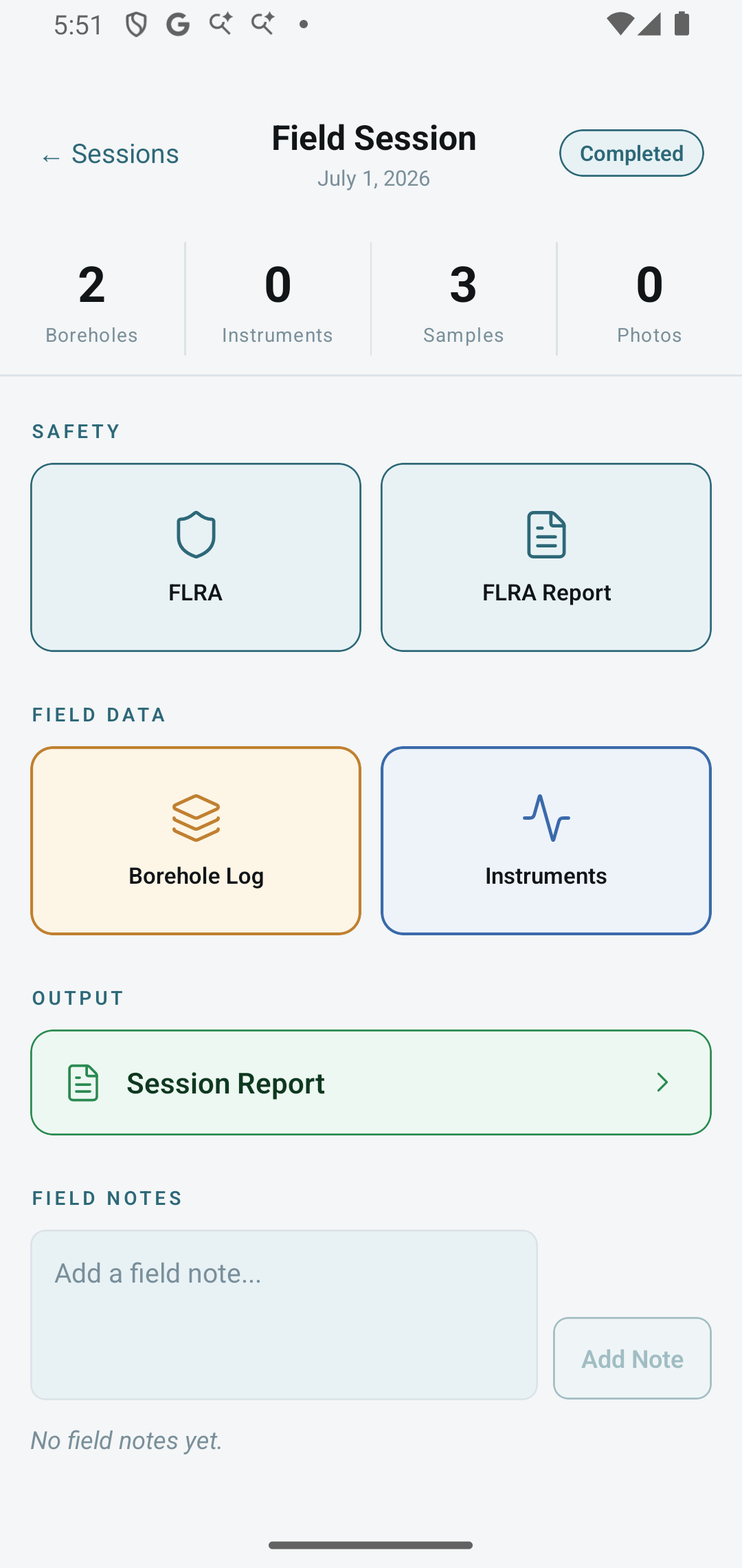 Field session overview — safety, field data, and report in one screen